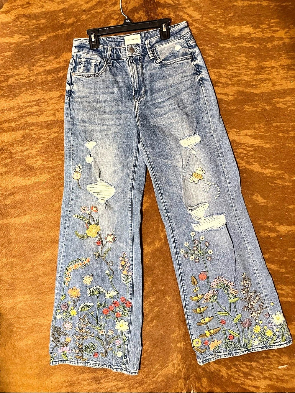 Driftwood Marleen Embroidered Wide Leg Jeans Blue Waist 25